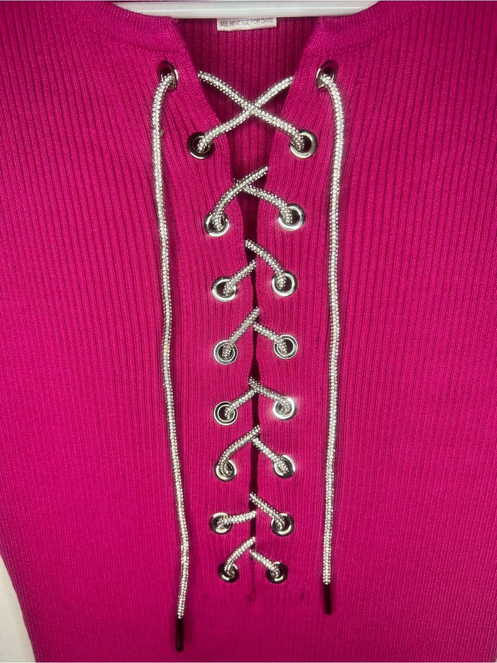 Fuchsia Lace-Up Ribbed Mini Dress - Picture 2 of 5